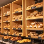 Holzregale mit Brot und Backwaren